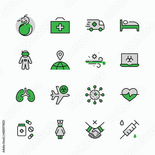 Set of Coronavirus Protection Vector Line Icon. Contains such Icons as Ambulance, Novel CoronaVirus, Protective Measures, Symptoms, Incubation Period and more. 32x32 Pixels. Editable Stroke