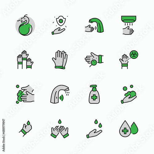 Set of Washing Hands Vector Line Icons. Contains such Icons as Coronavirus, Contactless Water Tap, Antiseptic, Washing Instruction, Hand Dryer, Soap and more. Editable Stroke. 32x32 Pixels.