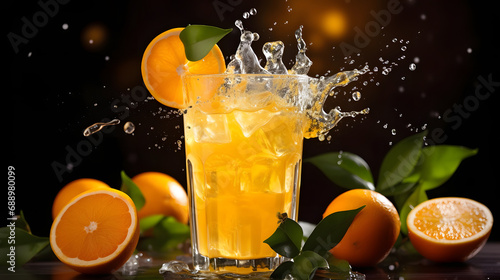 Glass of orange juice with slices and splash on dark background with ripe organic oranges.Macro.AI Generative