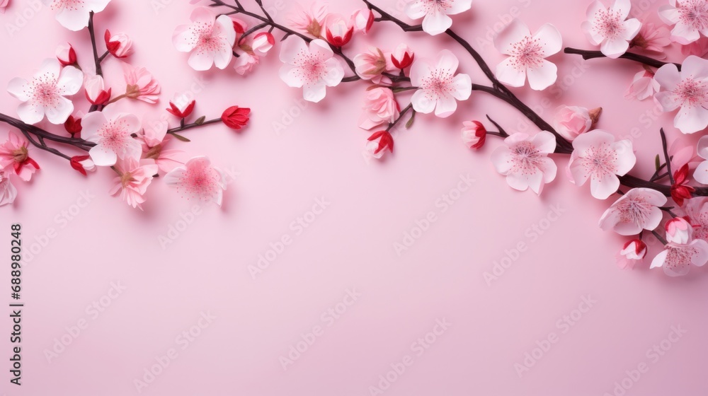 Soft pink cherry blossom branches on expansive pastel background, serene.