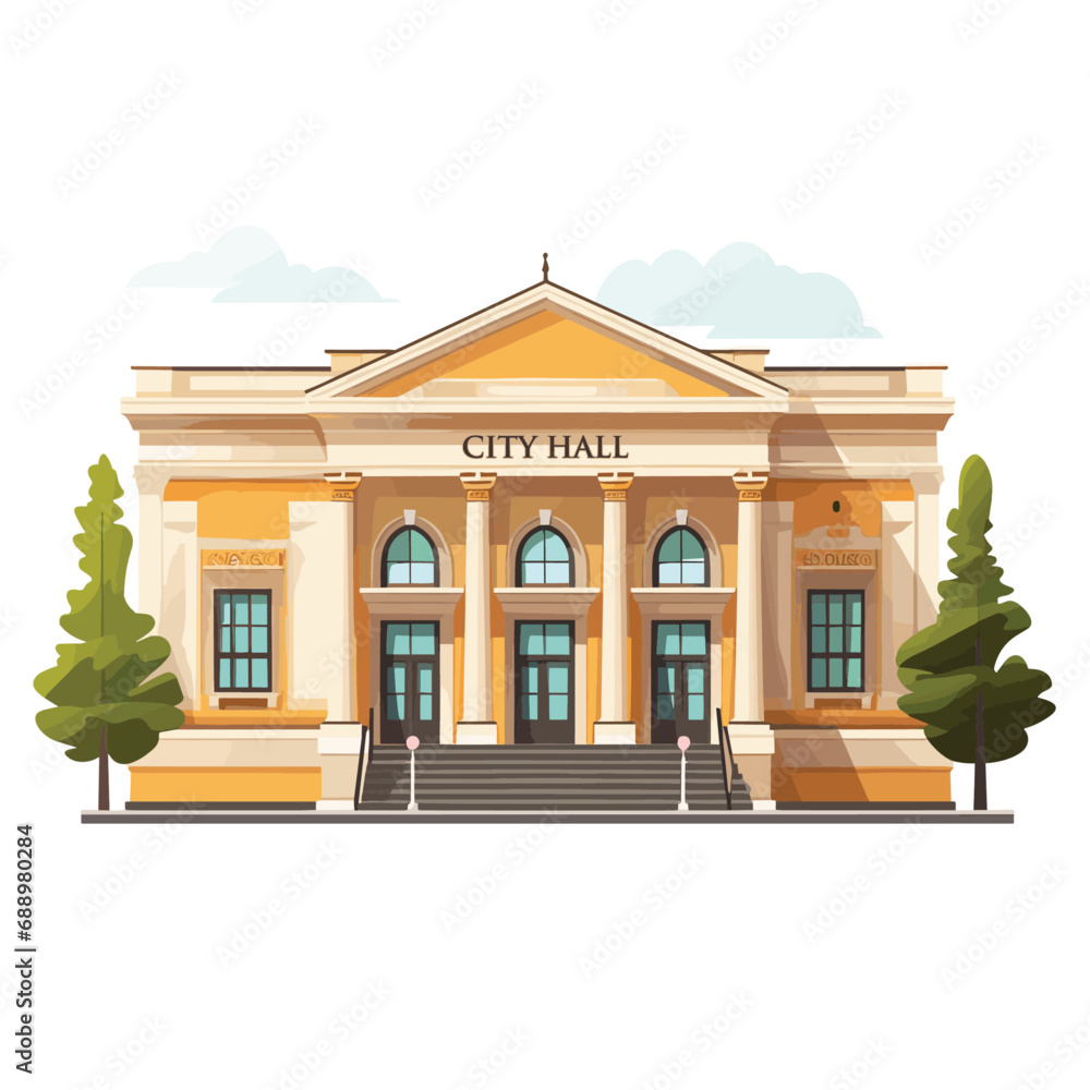 Realistic Vector Illustration of City Hall Building Facade in Flat Color and Kid Friendly Style On White Background