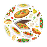 Italian Food Round Composition with Dish and Served Meal Vector Template
