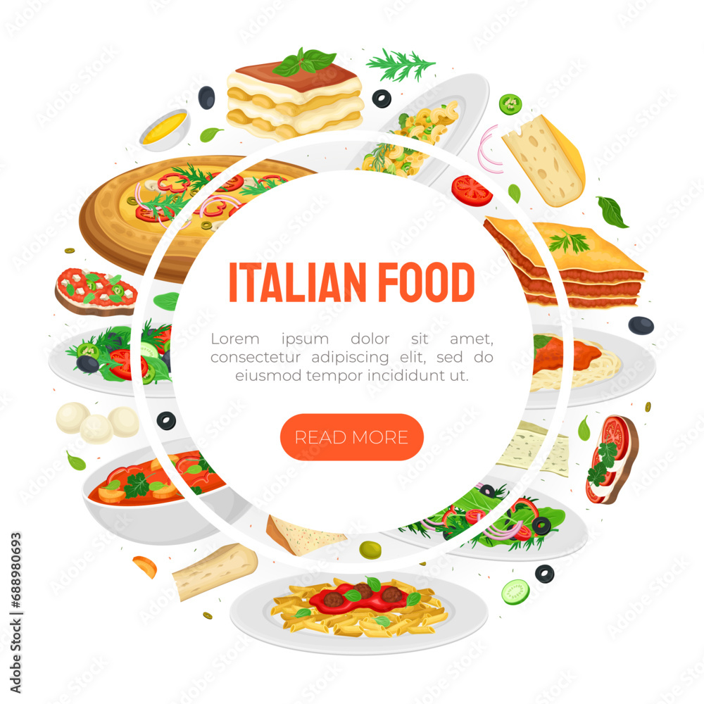 Fototapeta premium Italian Food Banner Design with Dish and Served Meal Vector Template