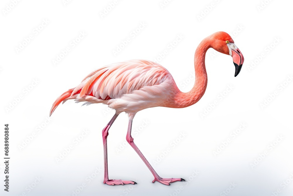 An isolated pink flamingo with vibrant plumage, embodying exotic beauty against a white background.