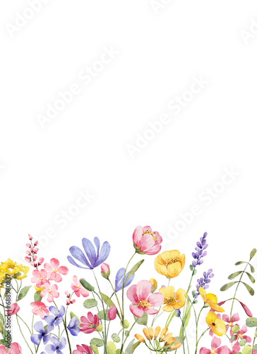 Watercolor flowers, floral frame border for greeting card, invitation and other printing design. Isolated on white. Hand drawing.	