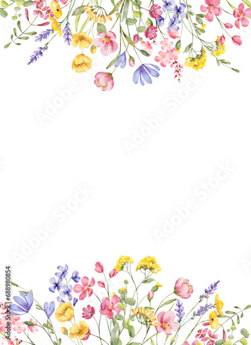 Watercolor flowers, floral frame border for greeting card, invitation and other printing design. Isolated on white. Hand drawing. 