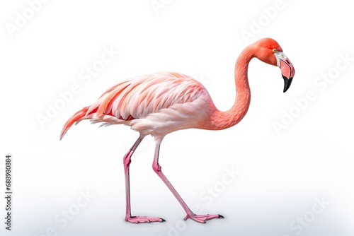 An isolated pink flamingo with vibrant plumage, embodying exotic beauty against a white background. © Andrii Zastrozhnov