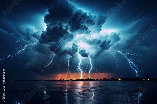A powerful storm electrifies the night sky with a dramatic display of lightning.