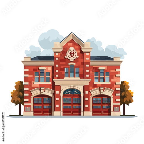Realistic Vector Illustration of Fire Station Building Facade in Flat Color and Kid Friendly Style On White Background
