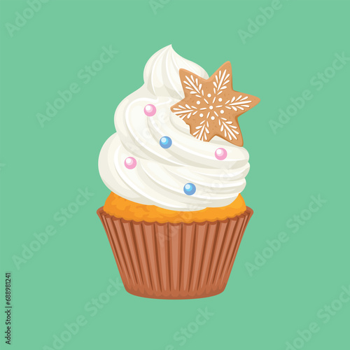 Christmas  cupcake with gingerbread isolated on green background. Holiday baking with winter decor. Vector cartoon illustration of festive sweet maffin.