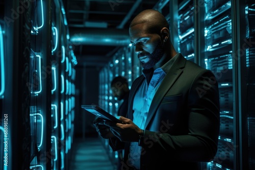 A professional man analyzes data on a tablet inside a high-tech server room illuminated by vibrant blue lights