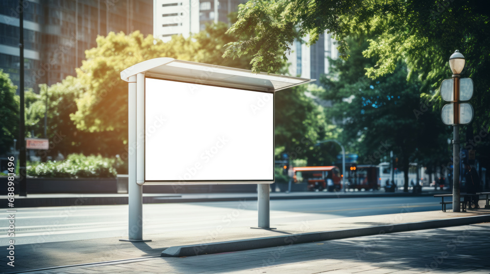 Advertising space on the blank white billboard at the bus stop on City Street. In the background, there are buildings and roads. Mock up. Poster on the street next to the roadway. Sunny summer day. Advertising space on the blank white billboard at the bus stop on City Street. In the background, there are buildings and roads. Mock up. Poster on the street next to the roadway. Sunny summer day.