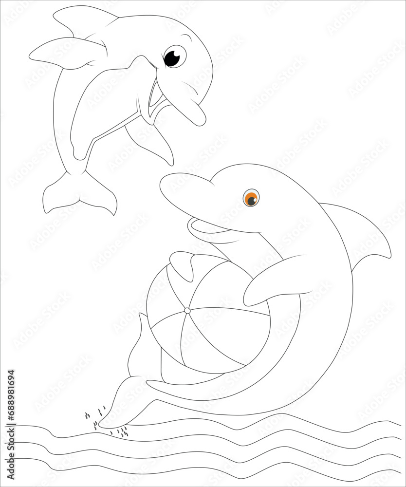 Cute Dolphin playing ball in the water colouring page for children Cute Dolphin playing ball in the water colouring page for children