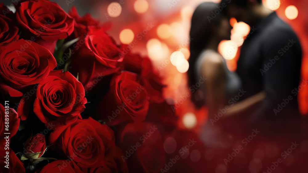 Beauty of love with vibrant red roses bouquet, where a happy couple ...