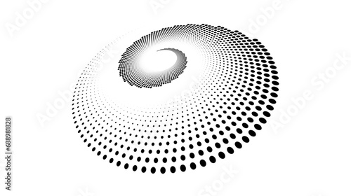 Dotted spiral lines element. Radial spinning halftone texture. Circle swirl dots shape in perspective. Abstract background for poster, banner, logo, icon, collage, decoration, tag, emblem. Vector
