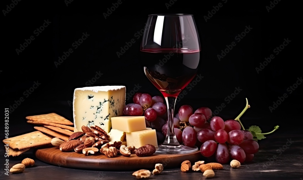 A Relaxing Evening with a Glass of Wine, Cheese, Nuts, and Grapes