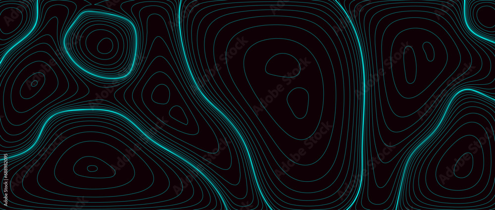 Abstract line background. Black topographic contour map concept. Neon blue terrain outline pattern. Linear geographic design template wallpaper for poster, banner, print, leaflet. Vector illustration - obrazy, fototapety, plakaty 