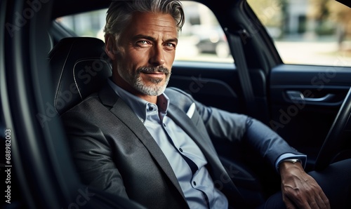 A Dapper Gentleman Enjoying a Luxurious Ride in His Sleek Automobile