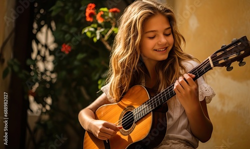 A Young Girl Playing a Guitar Outdoors