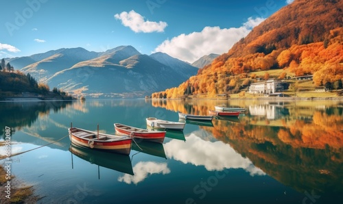 A Serene Fleet of Boats Gracefully Gliding on a Glistening Lake