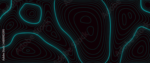 Abstract line background. Black topographic contour map concept. Neon blue terrain outline pattern. Linear geographic design template wallpaper for poster, banner, print, leaflet. Vector illustration photo