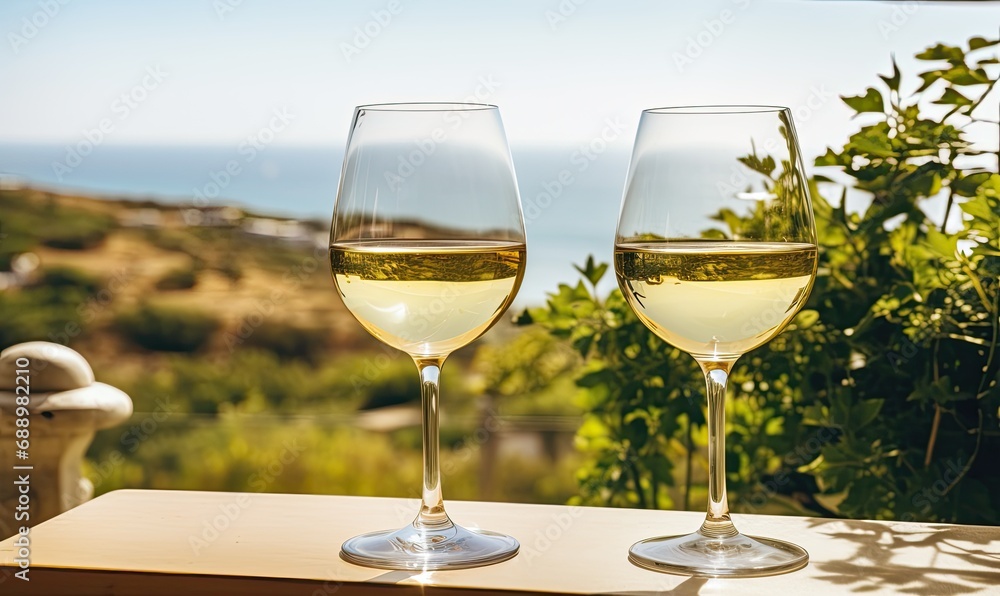 Two Elegant Glasses of White Wine on a Polished Wooden Table