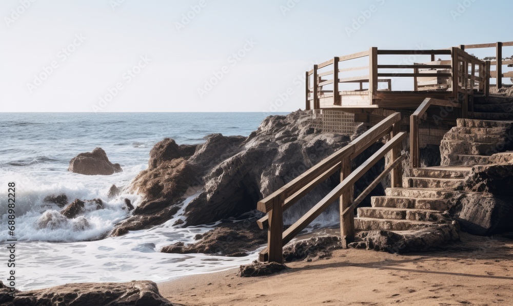 A Serene Path to the Shore: A Wooden Staircase Guiding to the Ocean