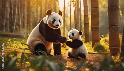 Panda Father Teaching Defending to His Children