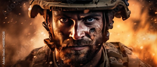 Determined soldier in combat uniform with intense gaze. Courage and bravery.