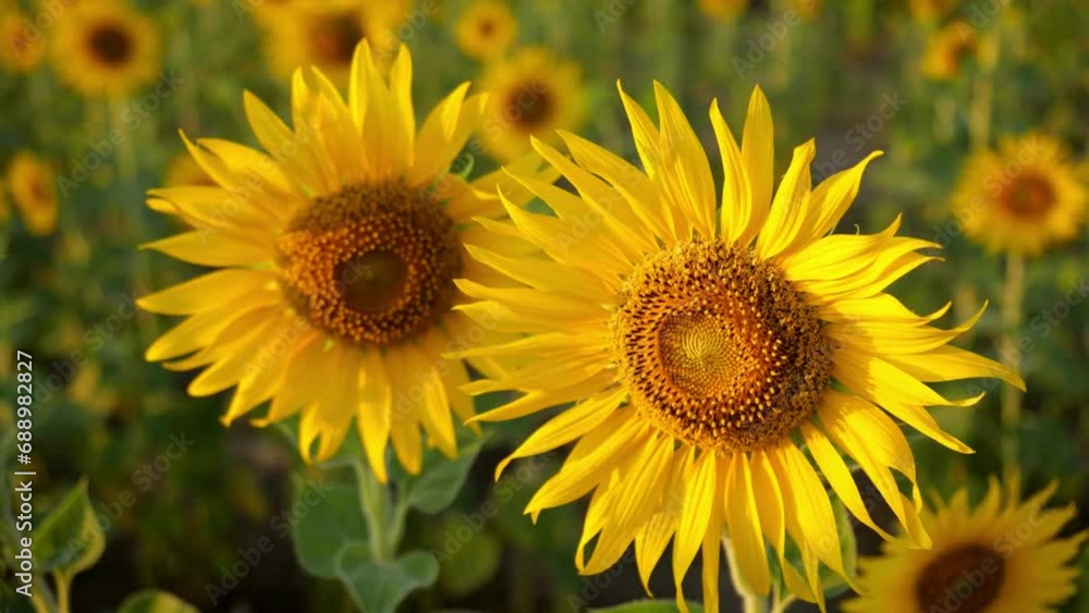 A closeup shot of beautiful sunflowers waving in the field. Beautiful yellow sunflowers. A closeup shot of beautiful sunflowers waving in the field. Beautiful yellow sunflowers.