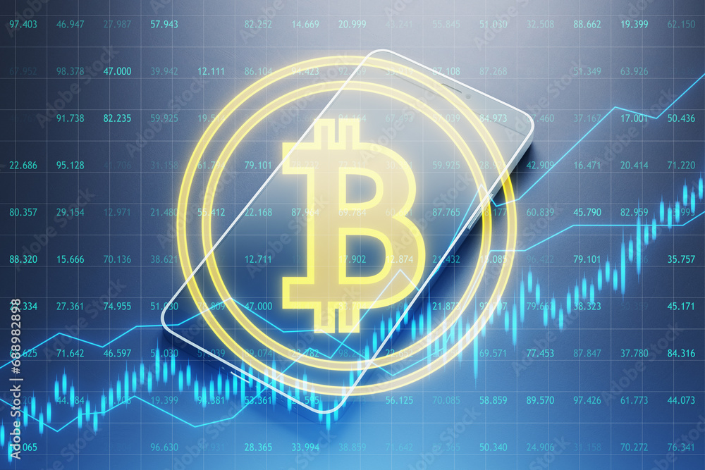 Close up of smartphone with creative bitcoin button, grid, index and candlestick hologram on blurry background. Cryptocurrency, trade, finance and market concept. 3D Rendering. Close up of smartphone with creative bitcoin button, grid, index and candlestick hologram on blurry background. Cryptocurrency, trade, finance and market concept. 3D Rendering.