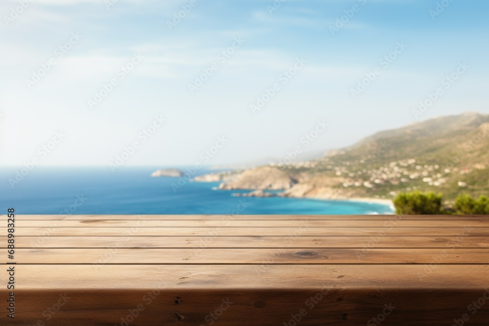 A serene ocean view from a wooden deck overlooking a coastal landscape on a bright sunny day