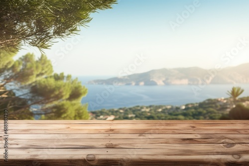 Serene coastal view from a wooden balcony overlooking the sparkling sea on a sunny day