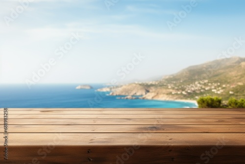 Obraz na płótnie A serene ocean view from a wooden deck overlooking a coastal landscape on a bright sunny day w salonie