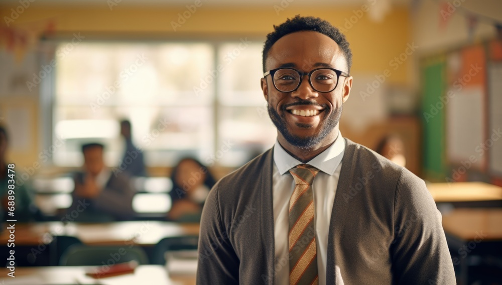 Obraz premium A friendly teacher smiles in a colorful classroom full of engaged students during a bright school day