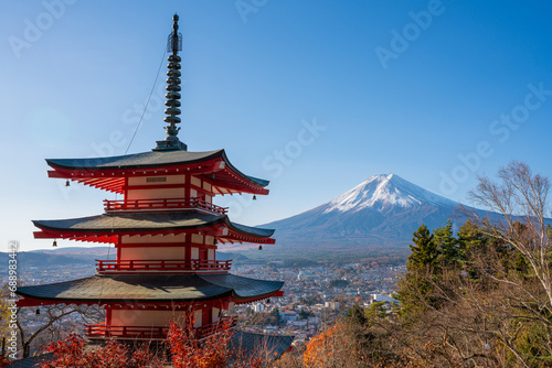 Arakurayama Sengen Park. Mount Fuji san beautiful landscapes on autumn. Fujiyoshida, Japan at Chureito Pagoda and Mt. Fuji in Autumn.