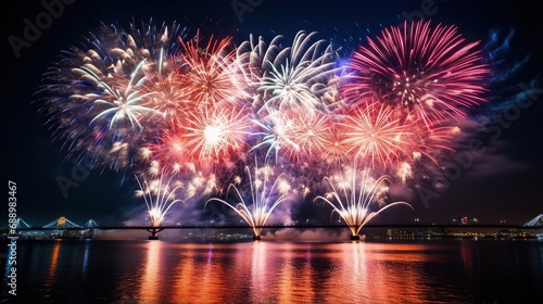 Night view of Fireworks over the city at night near the water .and fireworks in the city harbor.