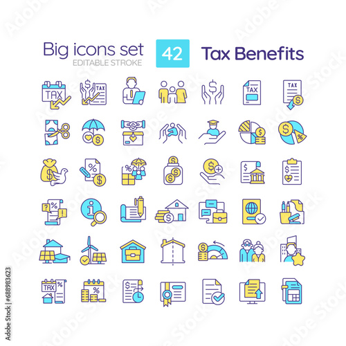Tax benefits RGB color icons set. Fiscal policy. Governmental incentives. Financial planning. Isolated vector illustrations. Simple filled line drawings collection. Editable stroke