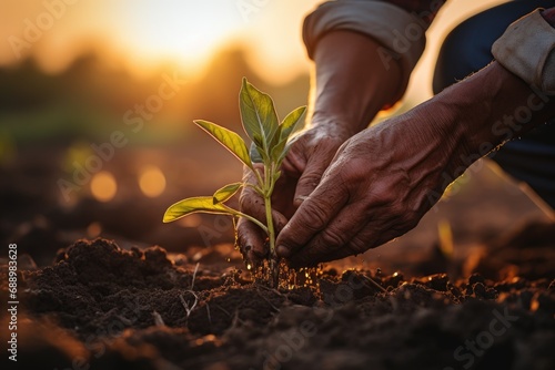 Senior man planting seedling on blurred countryside and sunlight background. Generative AI