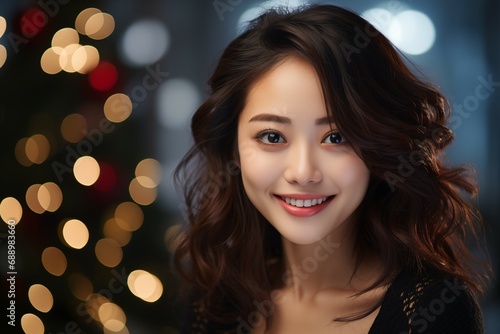 Happy Japanese Woman on a Light Background in the Christmas Spirit