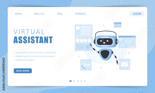 Virtual assistant. Landing page template. Chatbot character. Online customer support. Artificial intelligence. Vector illustration in flat cartoon style.