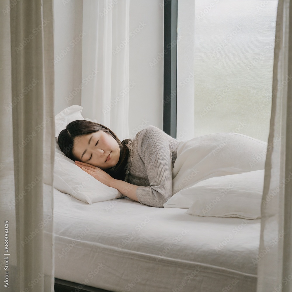 白い壁の部屋で寝る長い髪の女性のAI画像 白い壁の部屋で寝る長い髪の女性のAI画像