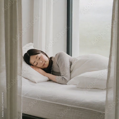 白い壁の部屋で寝る長い髪の女性のAI画像