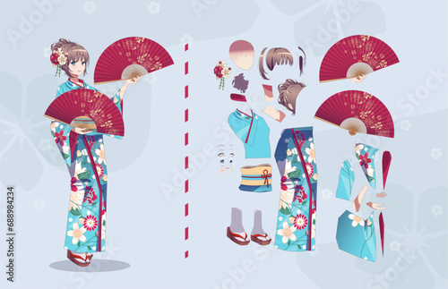 Anime manga girl cartoon characters for animation, motion design kit. Parts of body. Girl or geisha wearing Japanese kimono standing with handheld paper fan