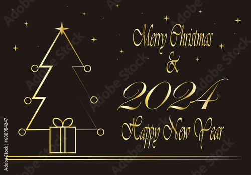 Christmas 2024. Felicitación navideña 2024. Feliz Navidad y Feliz Año Nuevo 2024 en trazo dorado sobre fondo negro, con un árbol de Navidad, estrella, un regalo, gurinaldas y estrellitas en el cielo