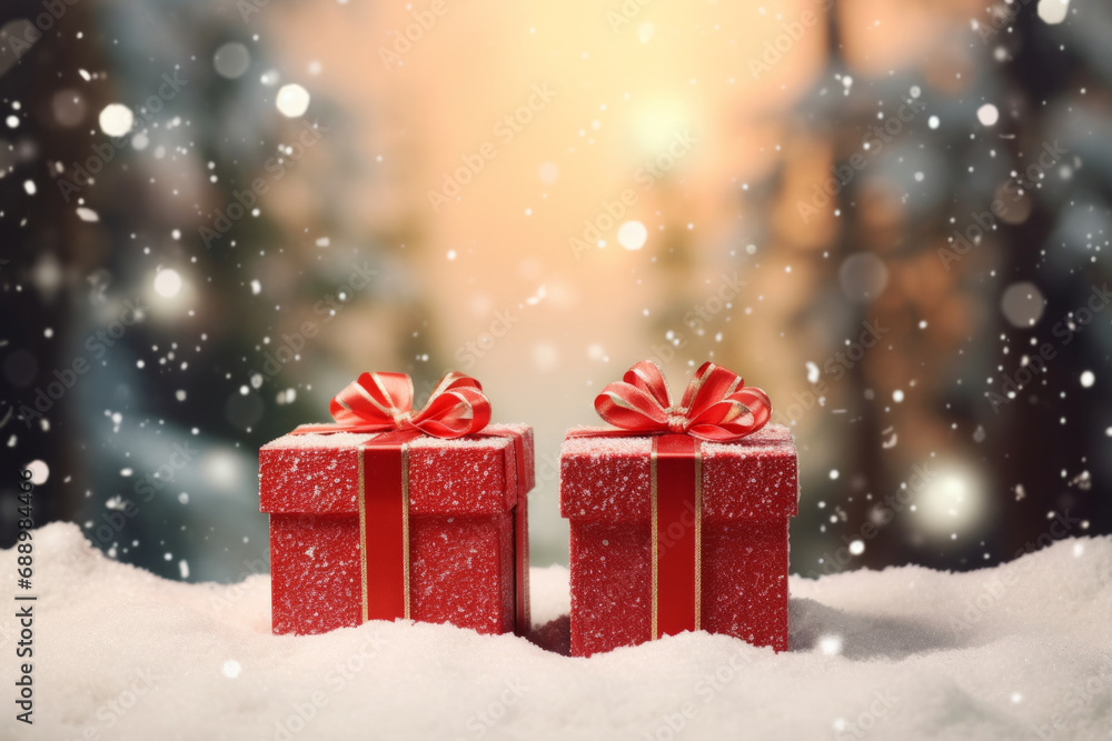 Christmas greeting card with red gift boxes wrapped with bows on snowy winter forest magic background. Happy holidays concept Christmas greeting card with red gift boxes wrapped with bows on snowy winter forest magic background. Happy holidays concept