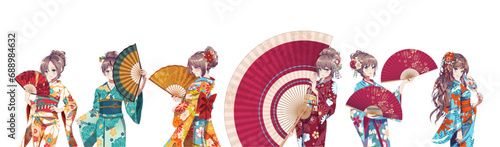 Group of anime manga girls in traditional Japanese kimono costume holding paper fan. Vector illustration on isolated background