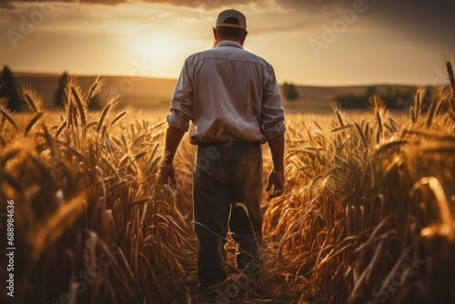Senior male farmer looking at beautiful landscape in wheat field at sunset. AI Generative