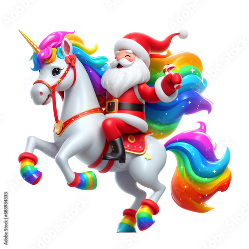 Cute cartoon santa claus on unicorn celebrating christmas PNG, 3d render santa claus with sack of gifts riding on unicorn, Cute Santa unicorn png