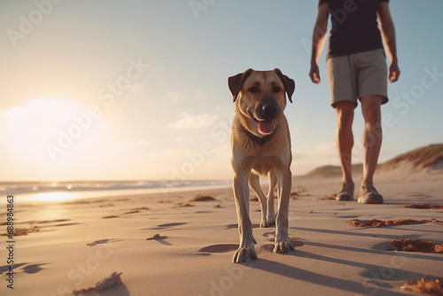  man against the background of a sunset on a lake or sea.  man on the background of the setting sun walks and plays with his dog in nature, the friendship of man.  photo